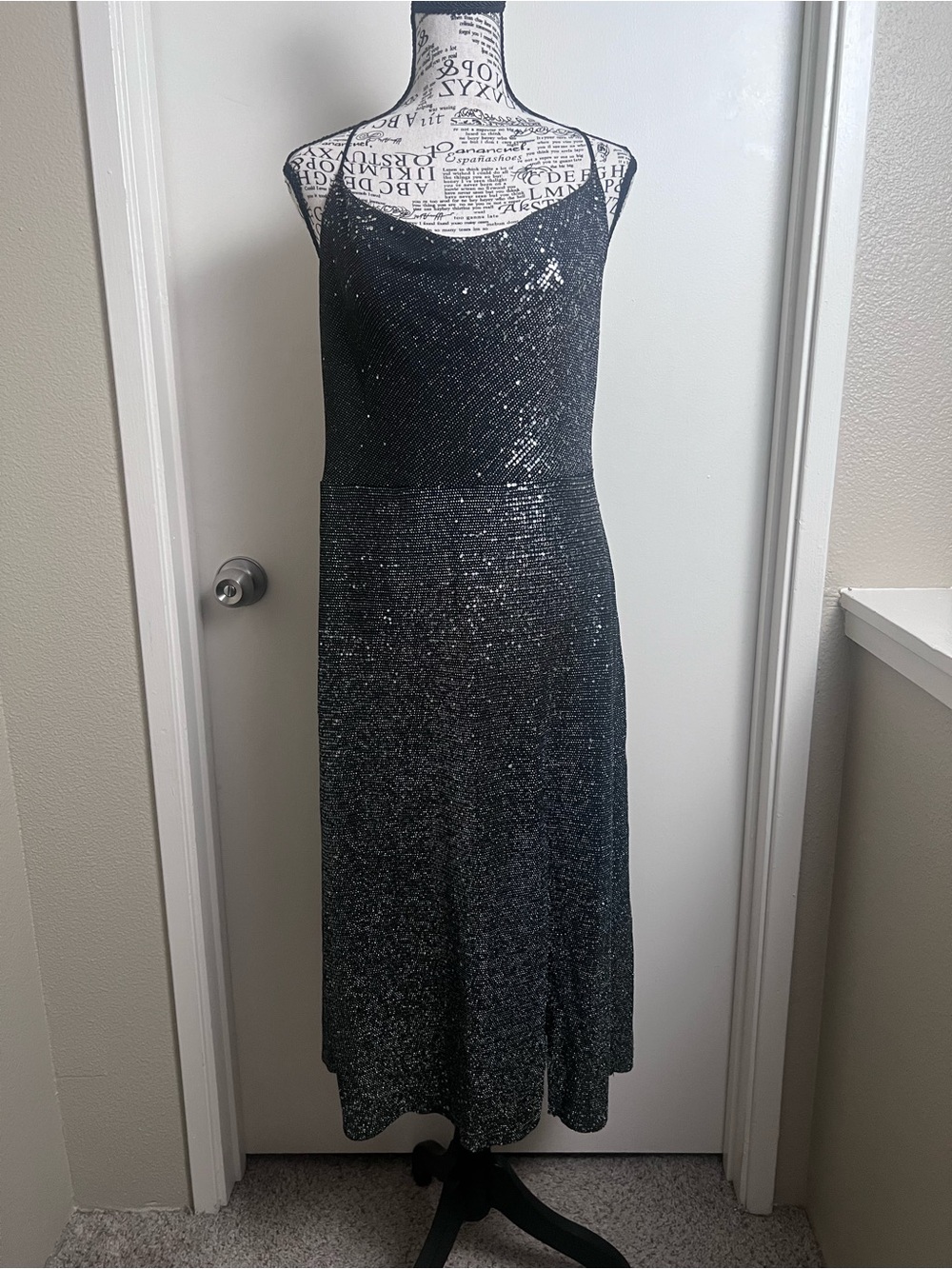 Zara Black Silver Sequin Metallic Sparkle Maxi Slip Dress Size M